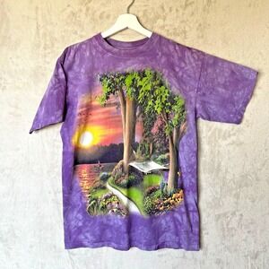 Vintage The Mountain Nature Scene Sunset Lake Hammock Trees Purple T-shirt Large